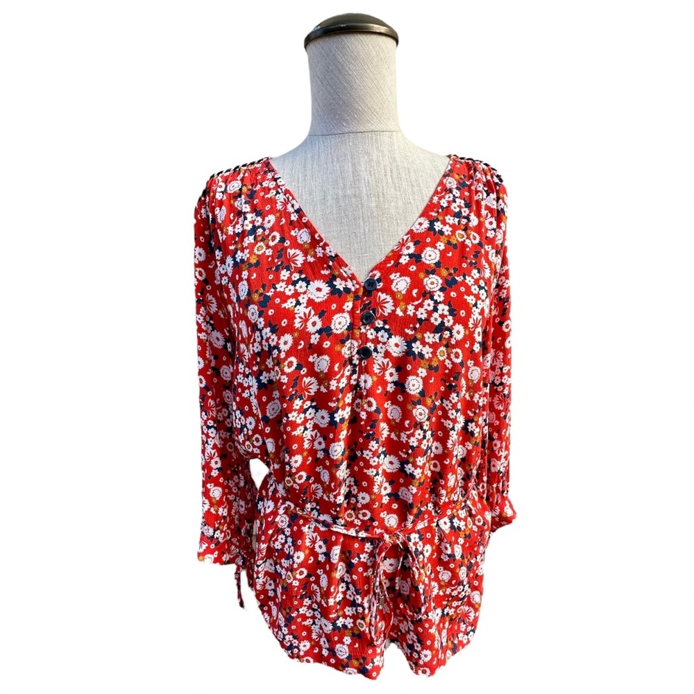 La Petite Francaise Paris Red White Ditsy Floral Tie Waist Shirt Blouse Size 6